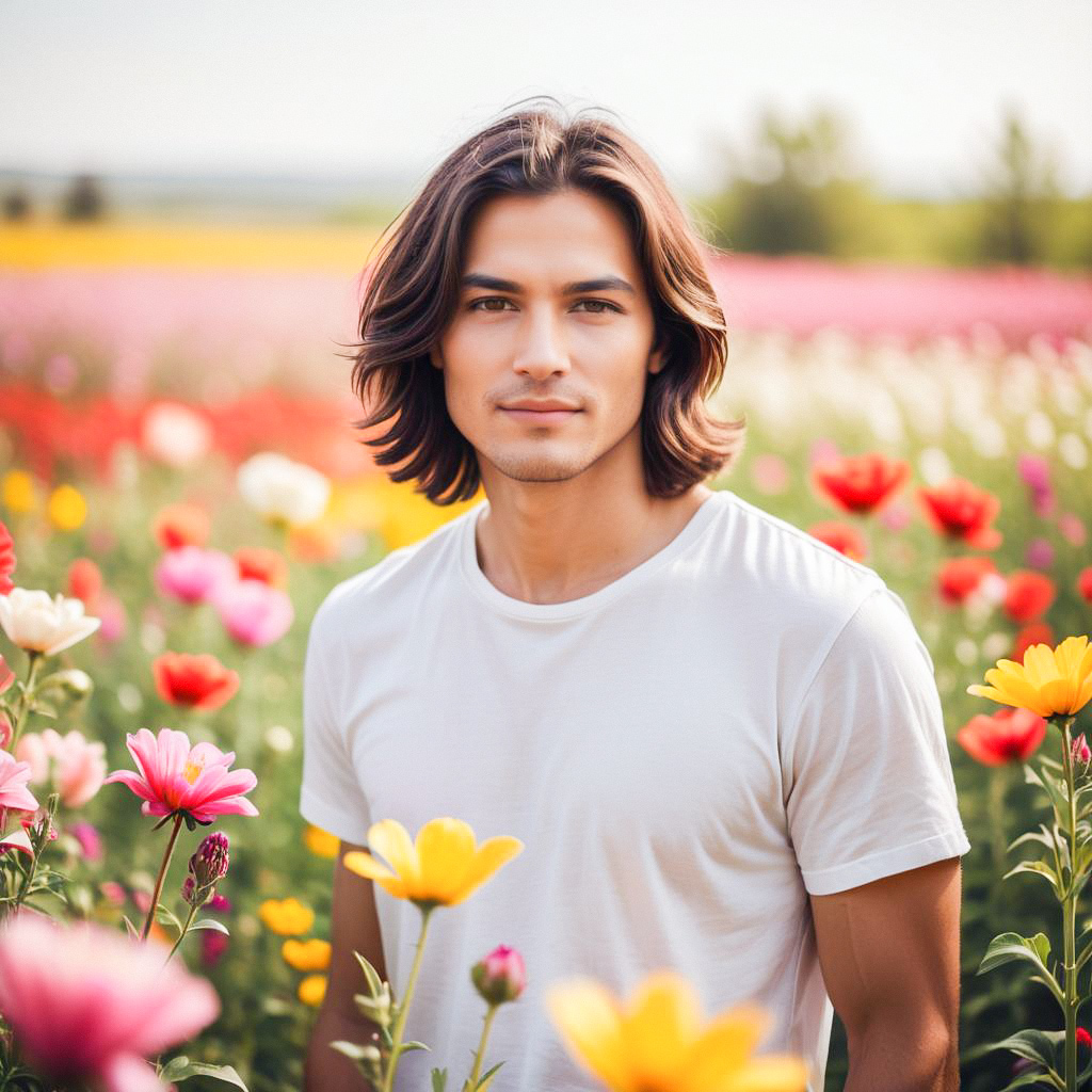 Young Man in Flower Field