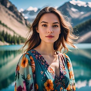 Woman in Floral Dress by Mountain Lake