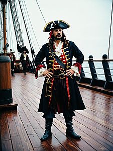 Man in Pirate Costume Full Body Cosplay Photo on Ship Deck