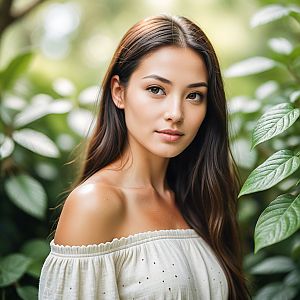 Young woman in white top among green foliage
