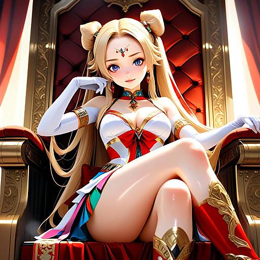 Glamorous Anime Woman in Regal Outfit Seated on Luxurious Throne