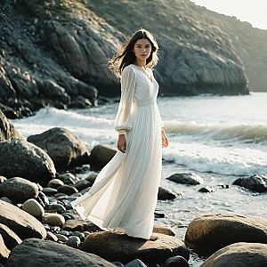 Woman in White Dress on Rocky Shore