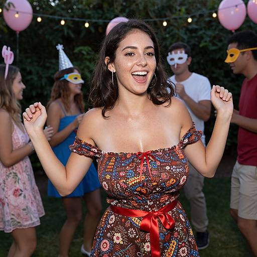 Happy Woman Dancing at Outdoor Party with Friends Wearing Masks and Festive Decorations