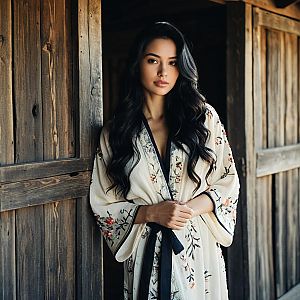 Elegant Woman in Floral Embroidered Kimono-Style Robe by Rustic Wooden Wall