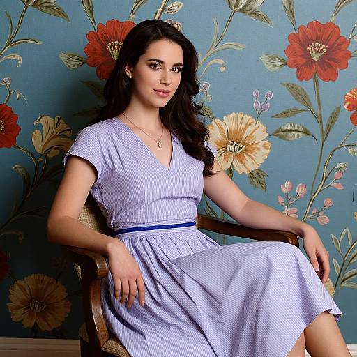 Elegant Woman in Purple Dress Sitting Against Floral Wallpaper
