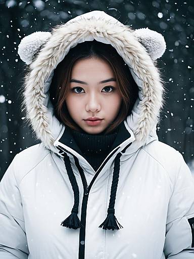 Woman in Uraraka Winter Costume with Fur Hood in Snowfall