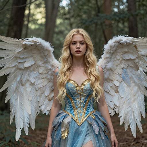 Blonde Woman in Angel Wings Costume with Blue and Gold Dress in Forest