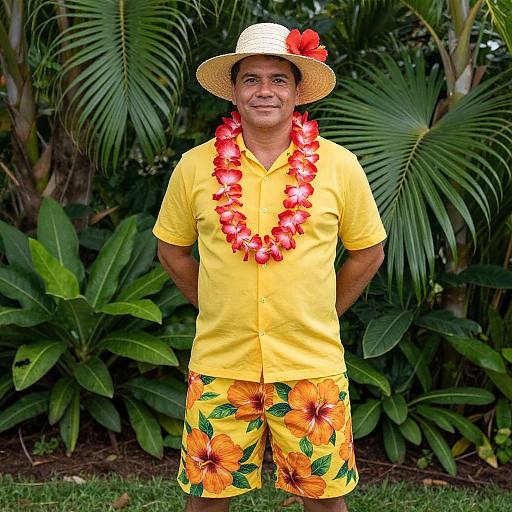 Man in Yellow Tropical Outfit with Hibiscus Flowers and Straw Hat in Garden