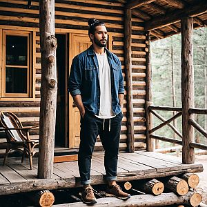 Man on Rustic Cabin Porch in Forest