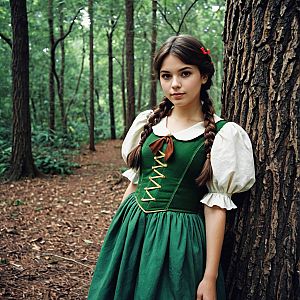Young woman in vintage green dress in forest