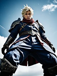 Heroic Man in Final Fantasy Costume in Cinematic Realism Low Angle Shot