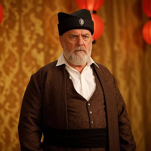 Portrait of Older Man in Traditional Dark Patterned Robe with Hat
