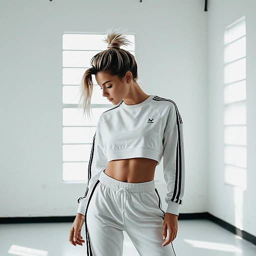 Fit Woman in Modern White Athletic Tracksuit with Black Stripes