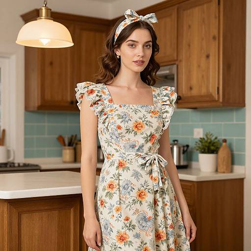 Woman in Vintage Floral Dress with Ruffles and Headband in Kitchen