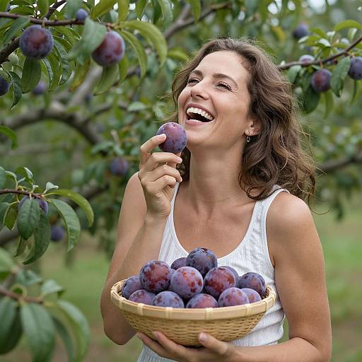 Happy Woman Harvesting Fresh Plums in Orchard with Basket