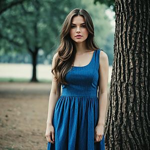 Young Woman in Blue Dress Near Tree