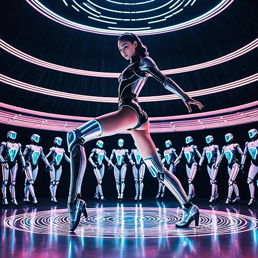 Futuristic Woman in Cybernetic Suit with Humanoid Robots in Neon Cyberpunk Setting