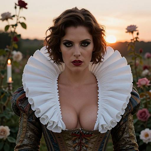 Renaissance Style Woman in Ornate Dress with Ruffled Collar at Sunset