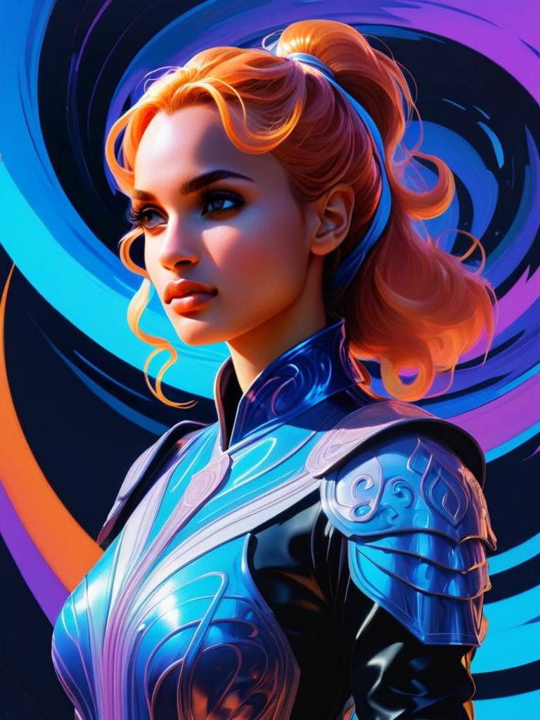 Confident Woman in Futuristic Armor with Orange Hair Confident Woman in Futuristic Armor with Orange Hair