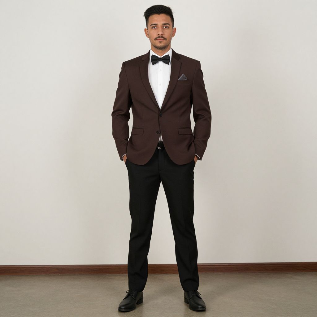 Man Wearing Brown Blazer and Black Formal Pants in Classic Style