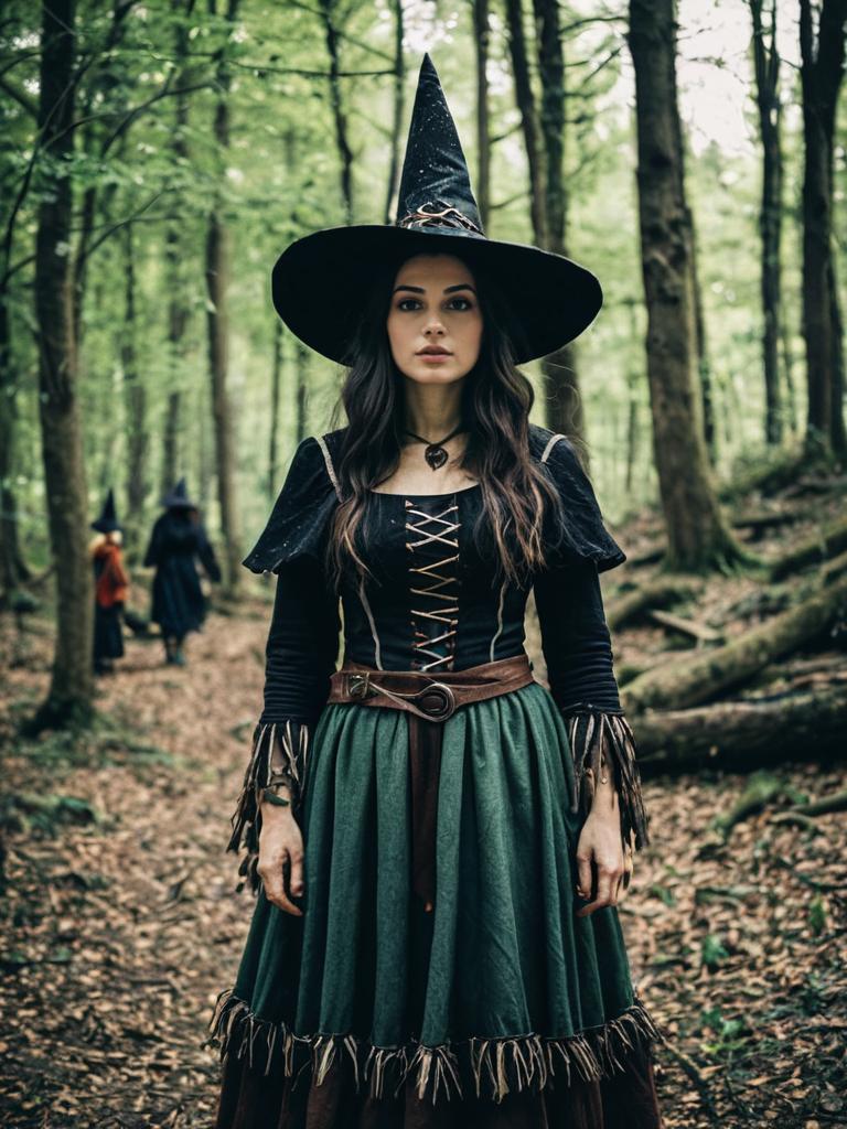 Woman in Woodland Witch Costume at Cosplay Festival in Forest