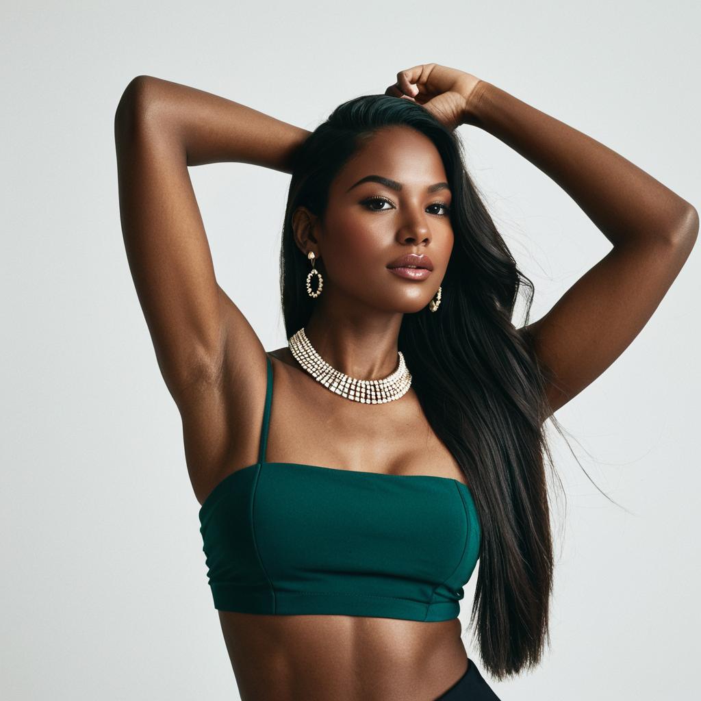 Confident Woman in Green Crop Top with Elegant Pearl Jewelry