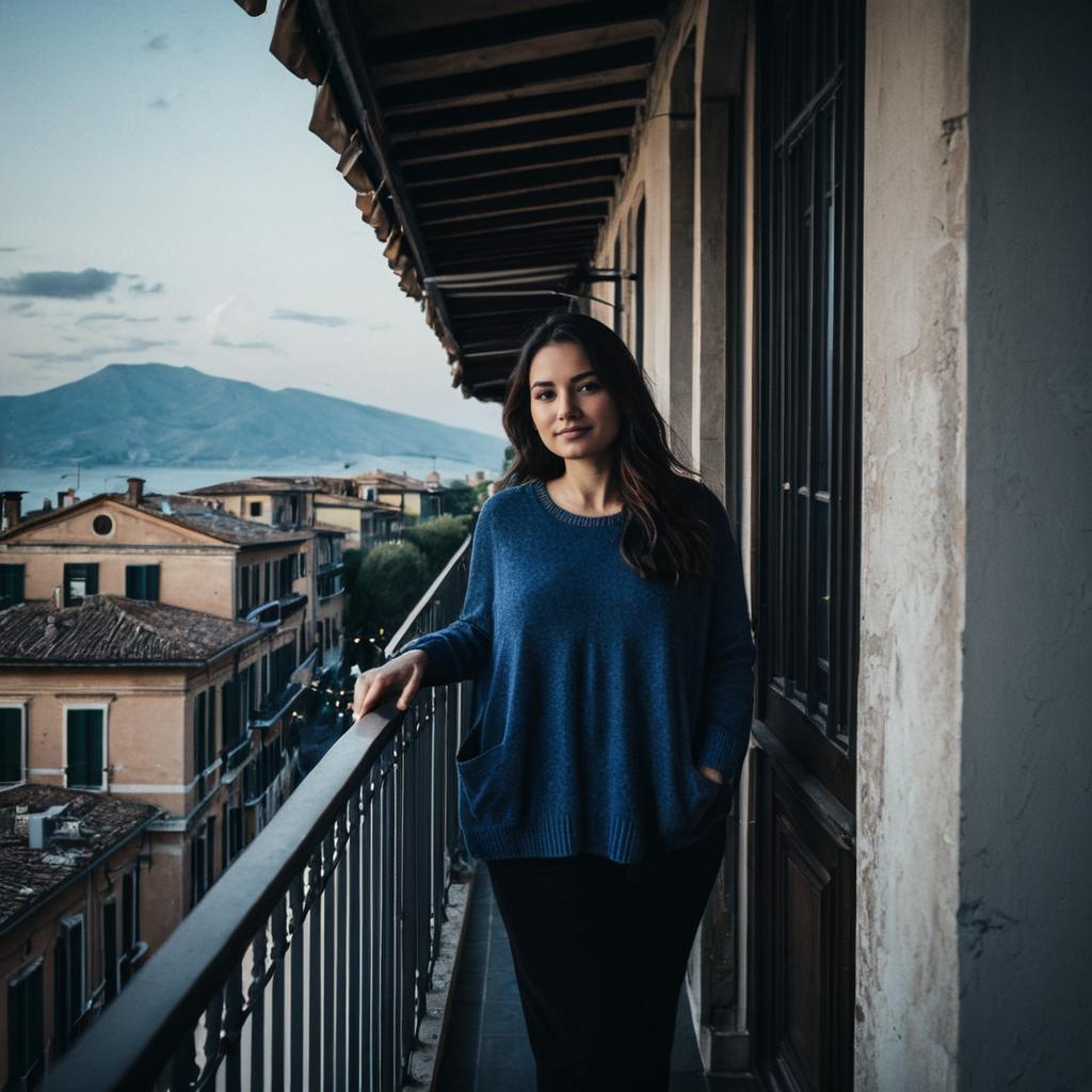 Woman on Balcony with Mountain View in Vintage Style