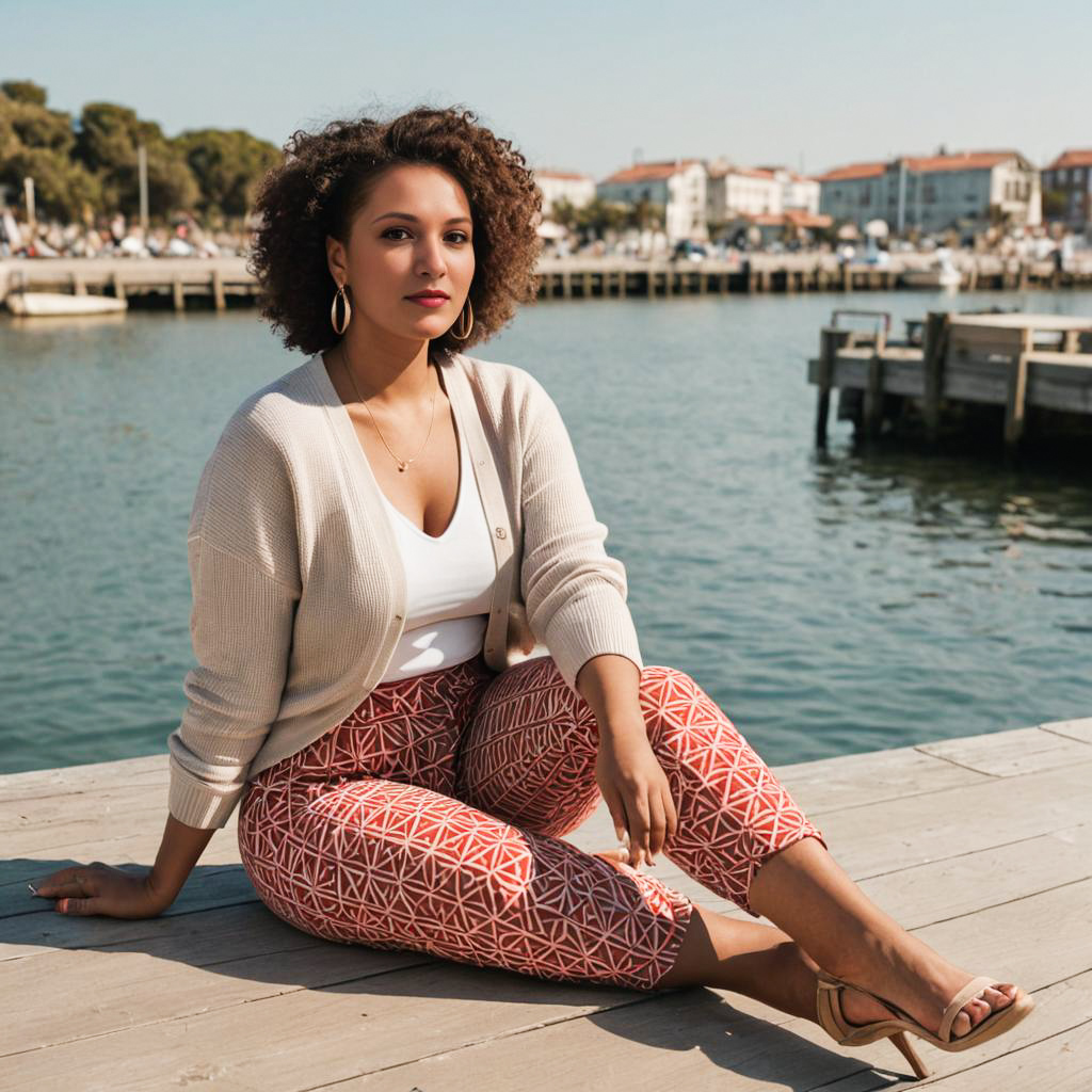 Stylish Woman on Wooden Dock by Waterfront