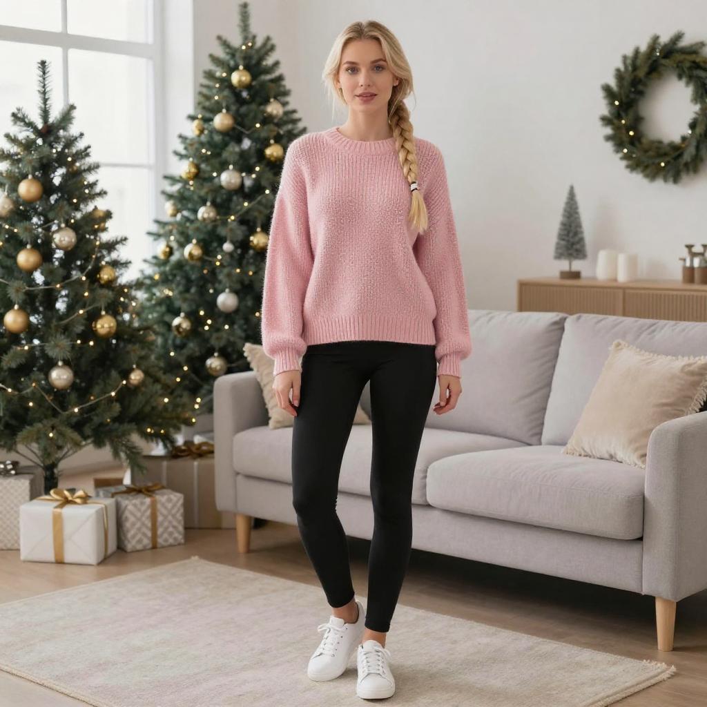 Young Woman in Pink Sweater Standing by Christmas Trees in Cozy Living Room