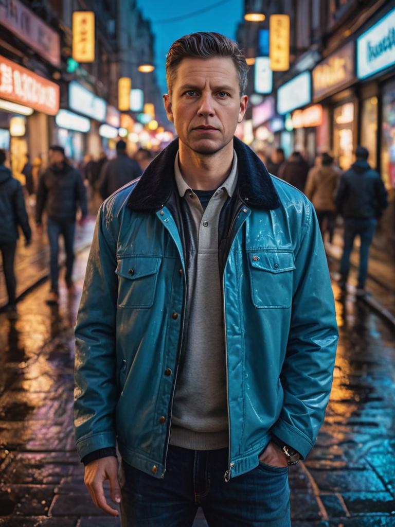 Thoughtful Man in Leather Jacket on Bustling City Street at Dusk