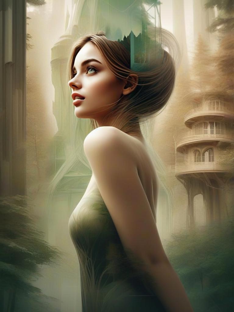 Ethereal Portrait of a Young Woman in a Dreamlike Landscape