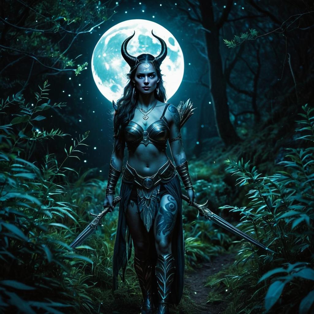 Fantasy Woman Warrior with Horned Helmet and Swords in Moonlit Forest