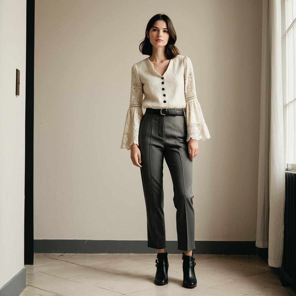 Stylish Woman in Cream Lace Blouse and Gray Tailored Pants Indoors