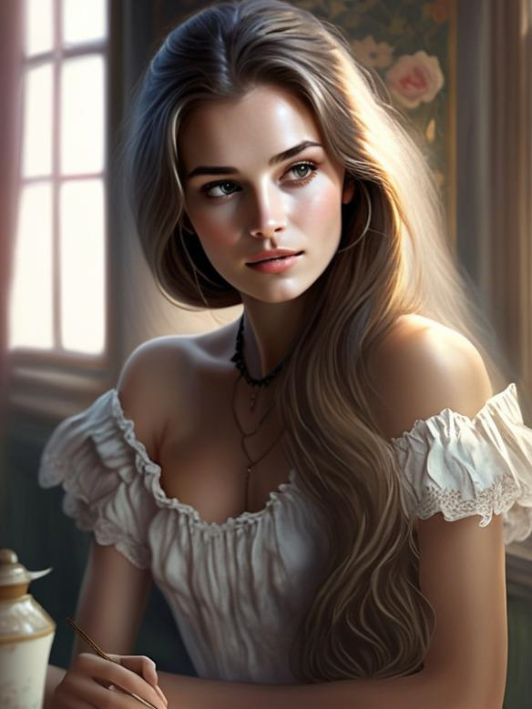 Young Woman by Window in Romantic Blouse Young Woman by Window in Romantic Blouse