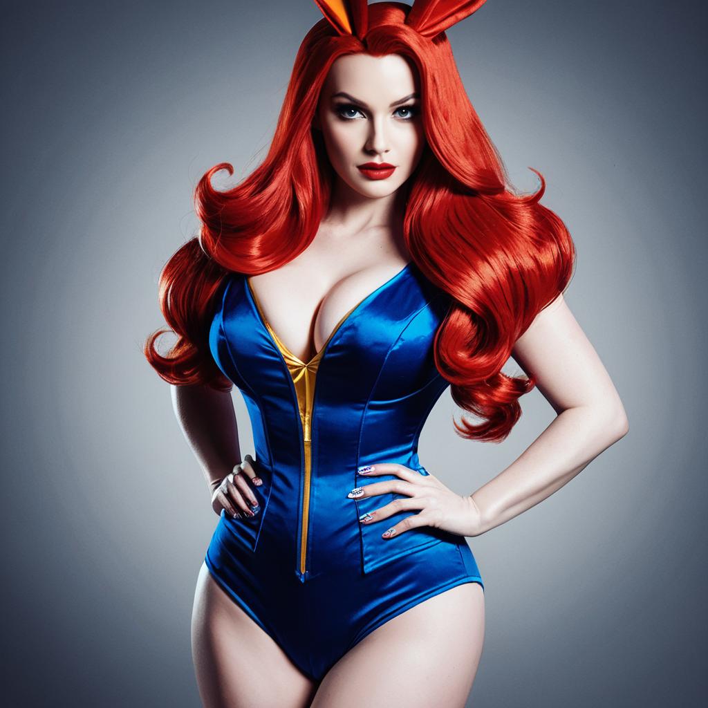 Confident Woman in Blue Satin Bodysuit with Vibrant Red Hair