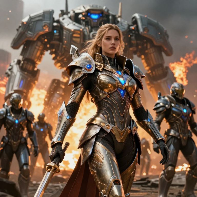 Futuristic Woman Warrior in Gold Armor with Robotic Mech - Sci-Fi Battle Scene