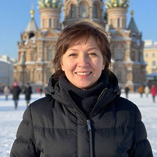 Smiling Woman in Winter Coat with Church of the Savior on Spilled Blood in Saint Petersburg