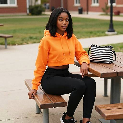 Young Woman in Orange Cropped Hoodie Sitting on Outdoor Bench