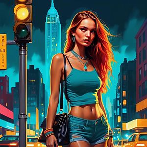 Confident Young Woman at Night City Intersection