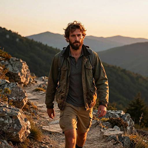 Bearded Man Hiking on Rocky Mountain Trail at Sunset