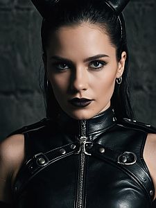 Woman in Dominatrix Costume Close-Up Headshot with Leather Outfit