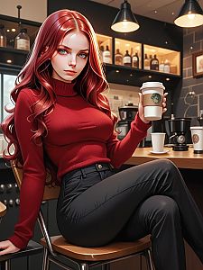 Stylish Woman with Red Hair in Coffee Shop