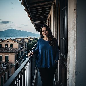 Woman on Balcony with Mountain View in Vintage Style
