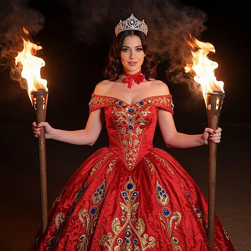Regal Woman in Ornate Red Gown Holding Flaming Torches