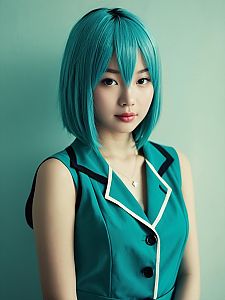 Realistic Photo of Woman Cosplaying Nico Himuro with Turquoise Hair and Costume