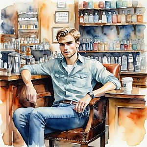 Young Man in Vintage Chair at Cozy Apothecary