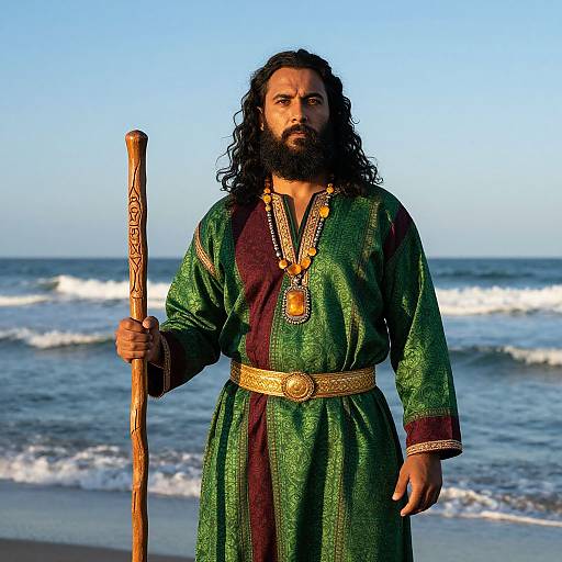 Man in Ornate Historical Robe Standing by the Ocean with Wooden Staff