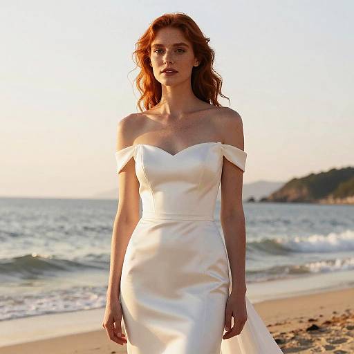 Elegant Woman in Off-Shoulder White Dress on Beach at Sunset