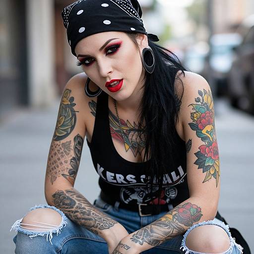 Tattooed Woman with Punk Rock Style Sitting Outdoors