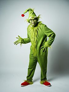 Man in Grinch Costume Wearing Green Fur Suit and Red Shoes